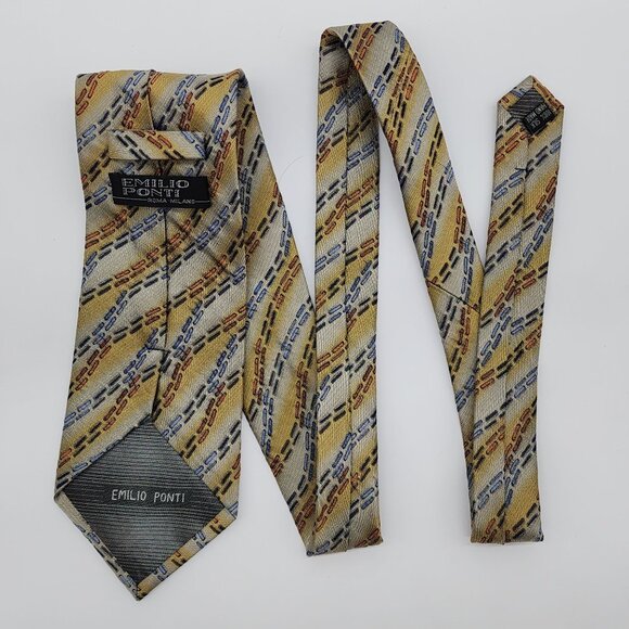 Emilio Ponti Necktie Geometric Silk Gray Yellow Blue Textured Fabric 57" L 4" W - Picture 4 of 7